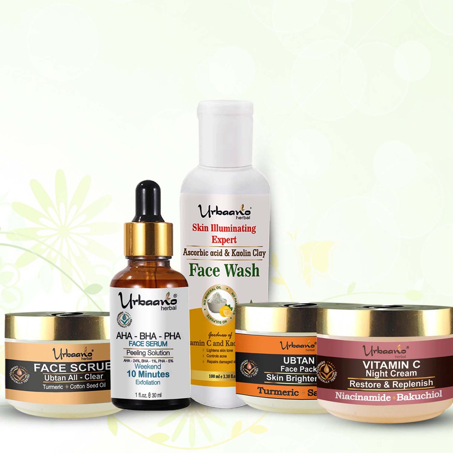 urbaano herbal 5 step facial kit with aha serum, vitamin c face wash, ubtan face scrub, pack, night cream