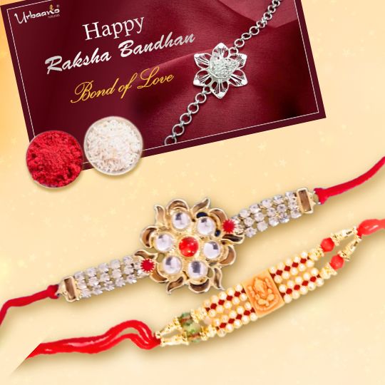 Stylish Kundan and AD Ring Rakhi Set for Brother, Sister, Bhaiya, Bhabhi (Set of 2)