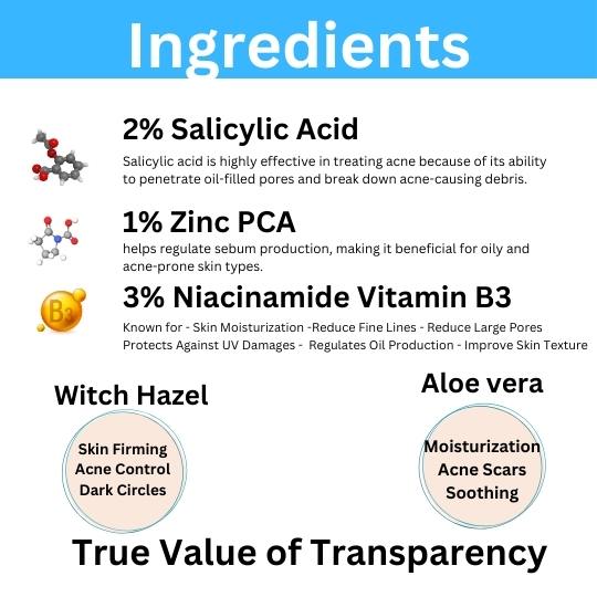 Salicylic acid 2% Face Serum, Niacinamide & Zinc PCA for Skin Brightening, Control Pimple, Acne