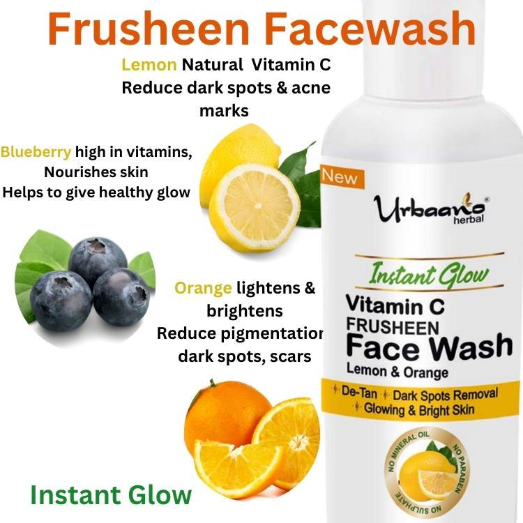 urbaano herbal frusheen face wash vitamin c for skin lightening, de tan, dark spot removal with orange, lemon