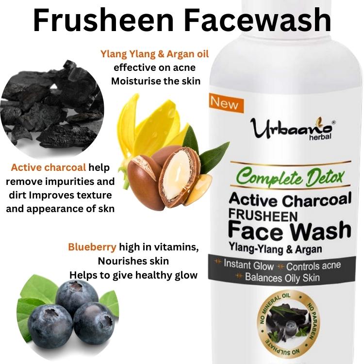urbaano herbal frusheen face wash charcoal for detox with blueberry, yland ylang, argan ol for nourishment and facial cleansing