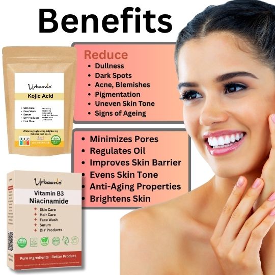 Niacinamide (Vitamin B3) and Kojic Acid Powder Face Serum, Soap, Pack for Bright, Glowing Skin
