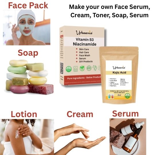 Niacinamide (Vitamin B3) and Kojic Acid Powder Face Serum, Soap, Pack for Bright, Glowing Skin