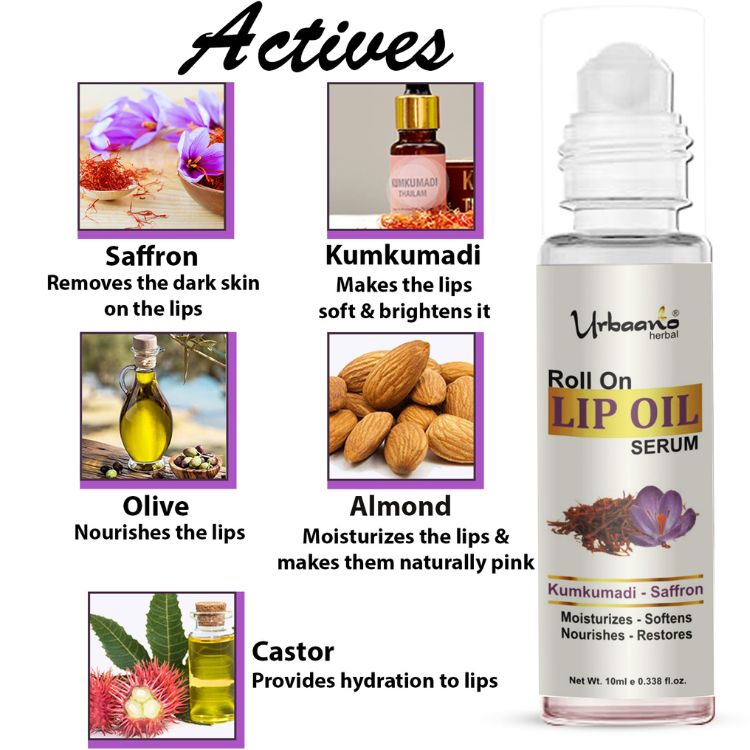 urbaano herbal kumkumadi lip oil serum for soft, smooth lips with olive, castor, almond pure oil