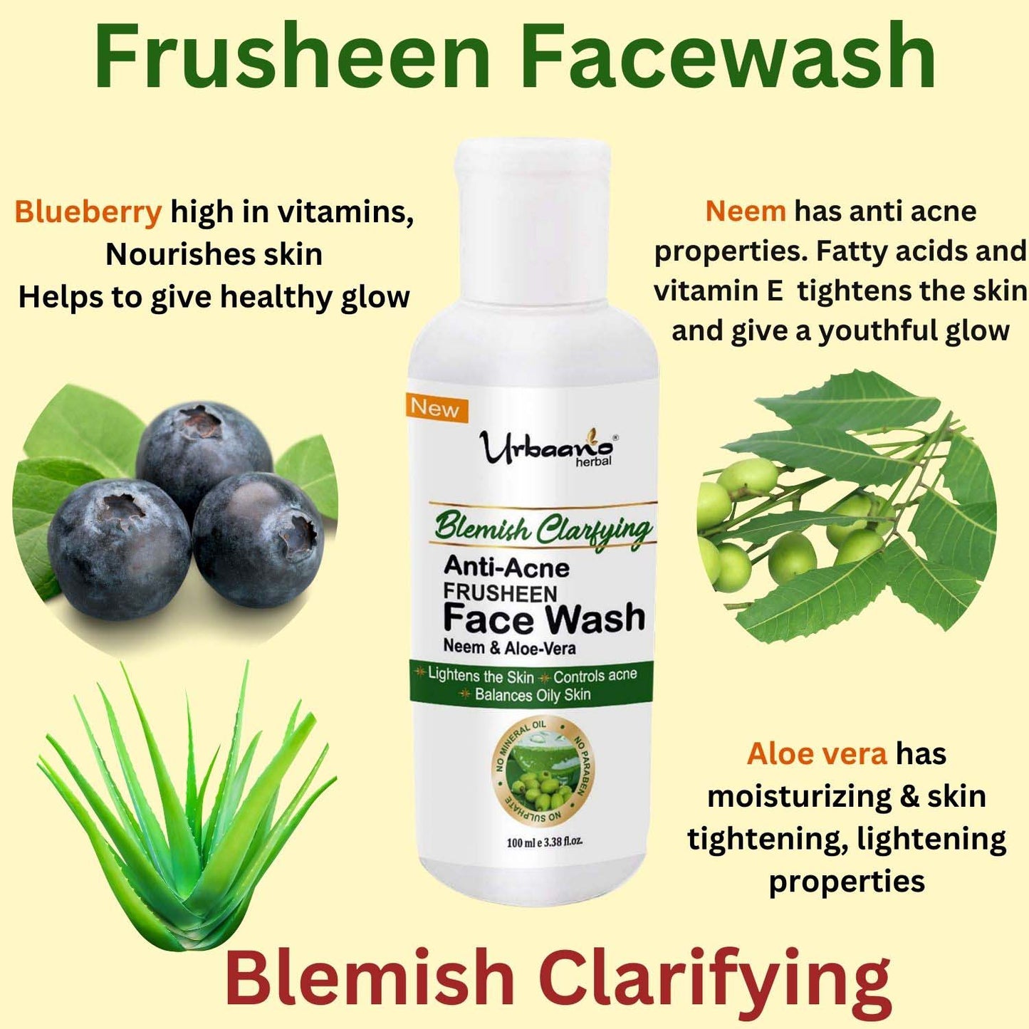 urbaano herbal frusheen neem, aloe vera face wash anti acne for skin brightening, reduce excess oil, germ, & for youthful, tight skin