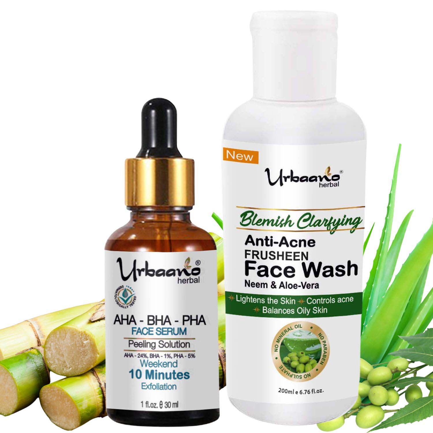 urbaano herbal frusheen sulphate free  face wash blemish clarfying & aha serum skincare combo for lightening, reduce dark spot, tan , fine lines,  acne & blemishes
