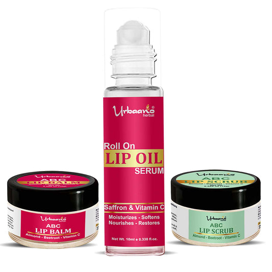 urbaano herbal abc lip care kit, lip balm, lip oil,lip scrub for dark,  smoked, chapped lips