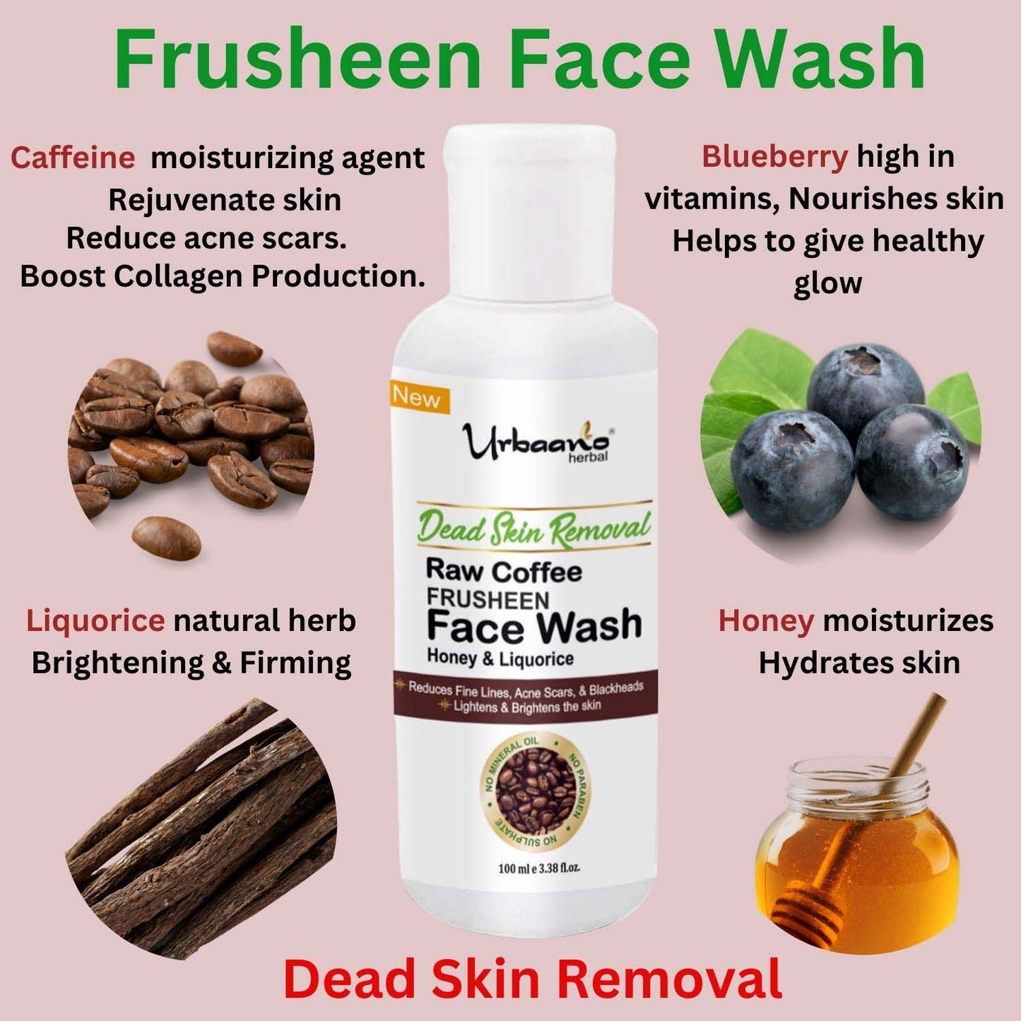 urbaano herbal frusheen face wash coffee for skin lightening, detox, dark spot, ageless, glowing skin with honey, blueberry & licorice