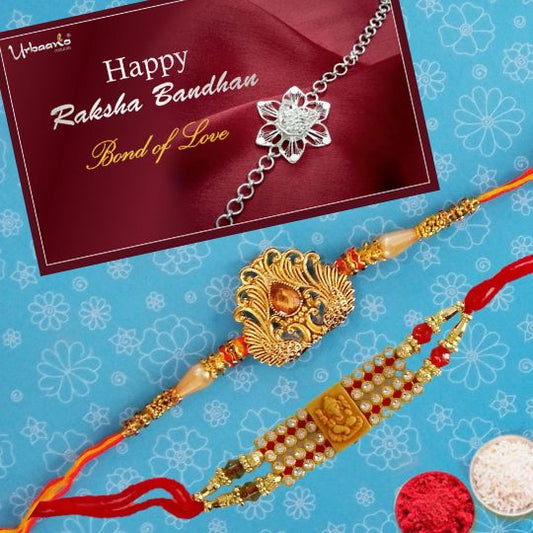 Antique Gold Peacock Rakhi Set for Brother, Sister, Bhaiya, Bhabhi (Set of 2)