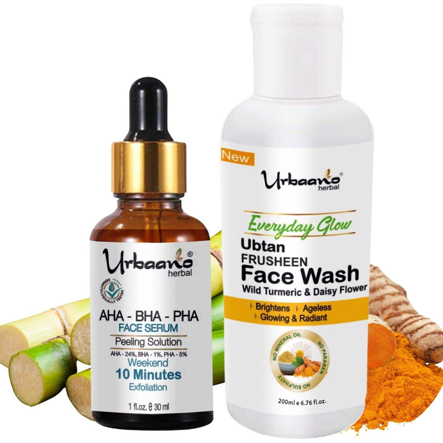 urbaano herbal frusheen face wash ubtan & aha serum skincare combo for brightening, lightening, reduce dark spot, tan 