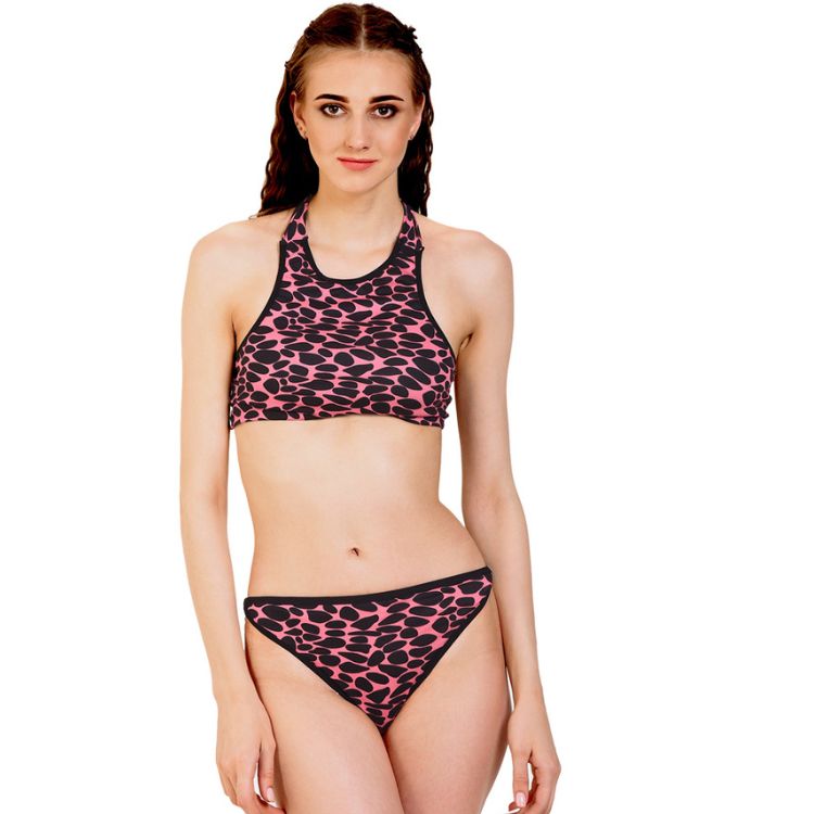 Urbaano Printed Halter High Neck Women Tankini Lingerie Set-Pink