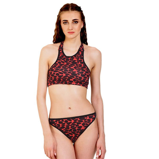 Urbaano Printed Halter High Neck Women Tankini Lingerie-Red