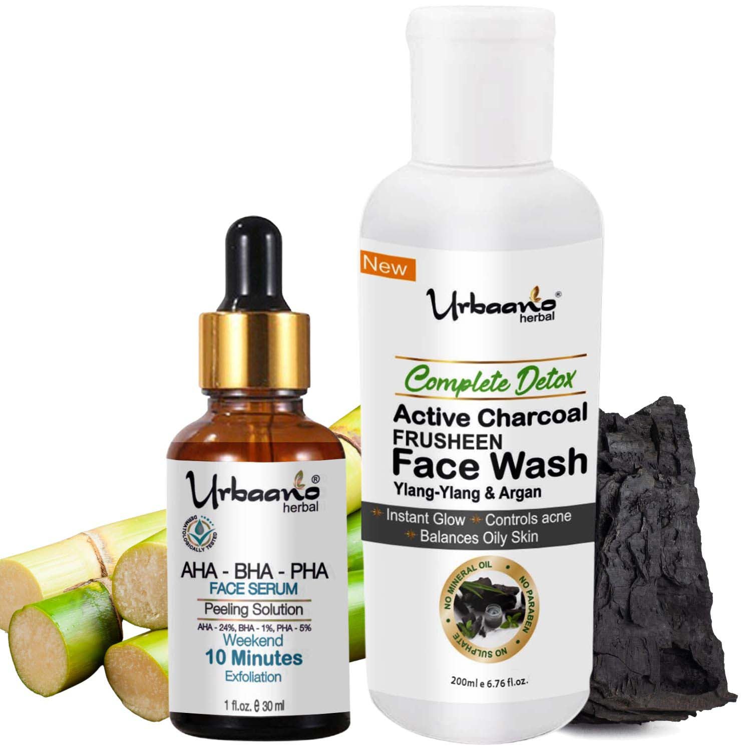 urbaano herbal frusheen sulphate free face wash charcoal & aha serum skin lightening, detox, reduce dark spot, fine lines, acne