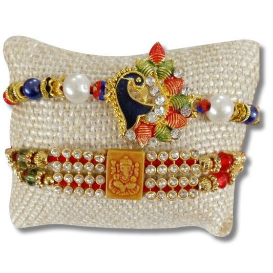 Vibrant Peacock AD Ring Rakhi Set for Brother, Sister, Bhaiya, Bhabhi (Set of 2)