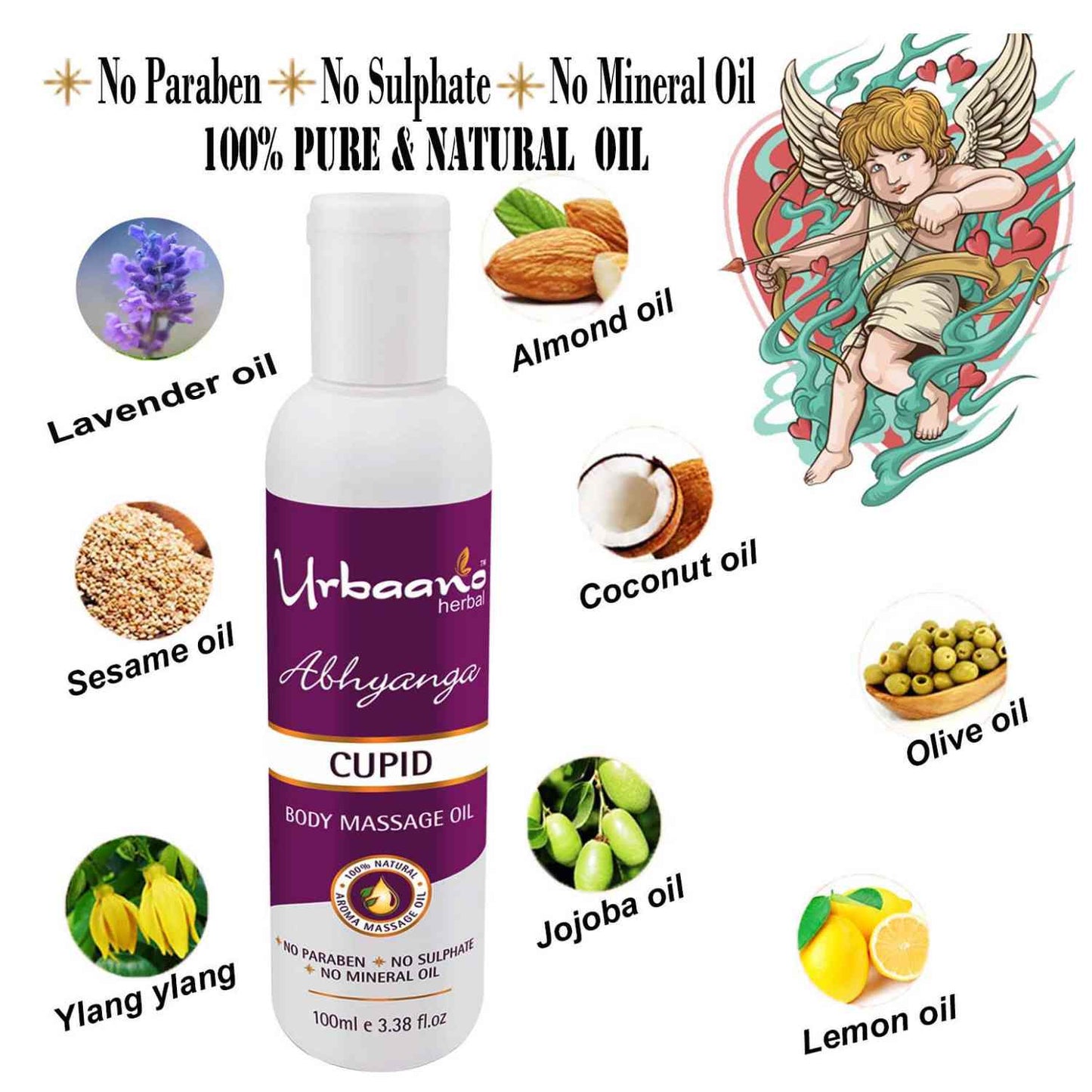 urbaano herbal abhyanga cupid body massage oil for romance with lavender, jojoba, almond, sulphate, mineral oil free