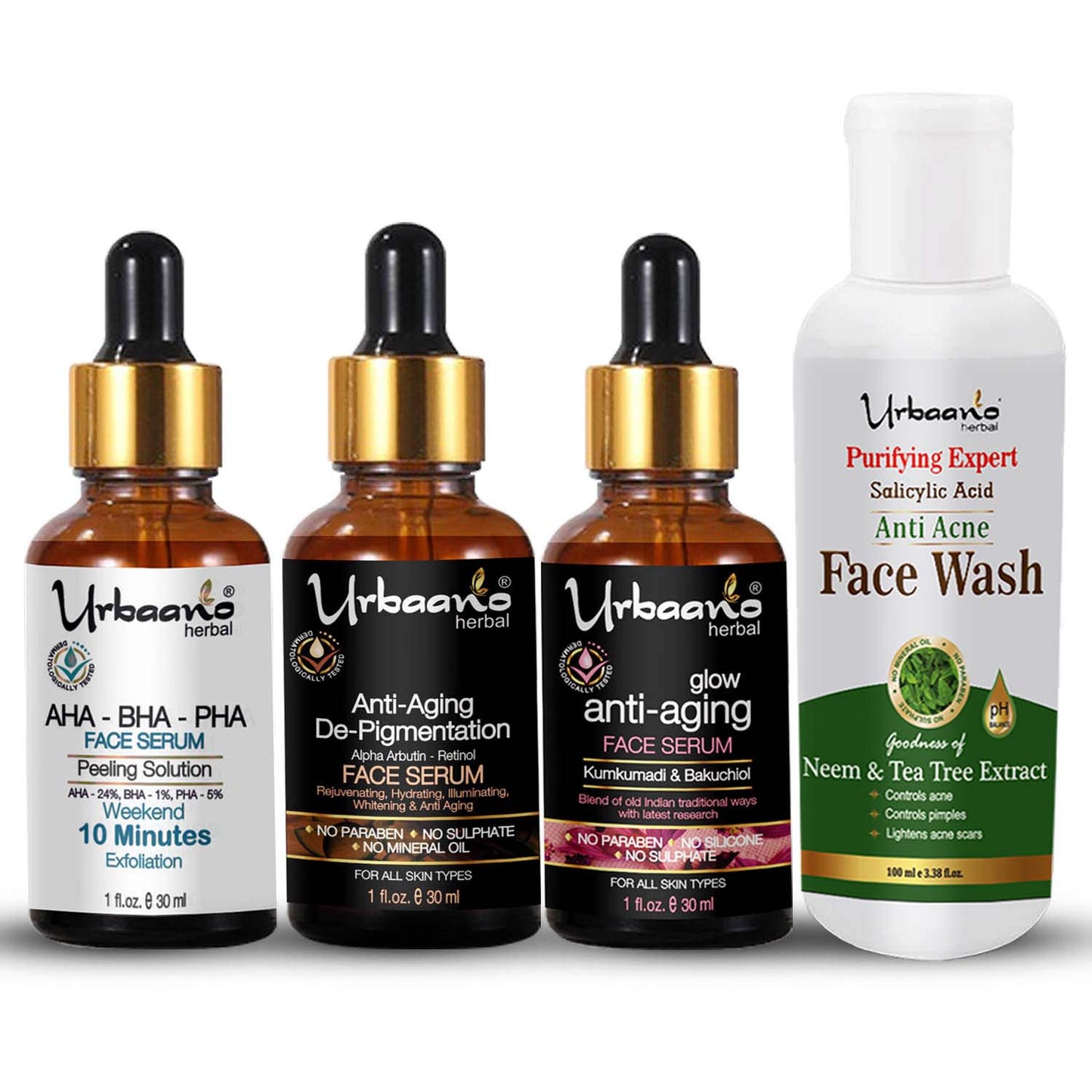 urbaano herbal anti aging, depigmentation serum kit - Aha serum, vitamin c arbutin serum, kumkumadi tailam, anti acne face wash