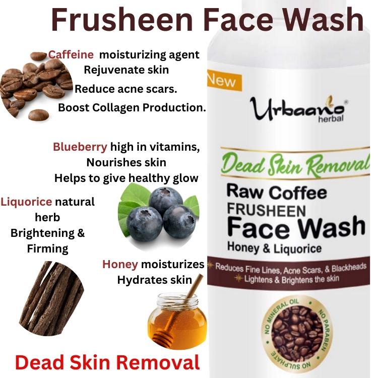 urbaano herbal frusheen coffee face wash insfused with liquorice, blueberry, honey reduces acne scars, fine lines,is easy to use twice 