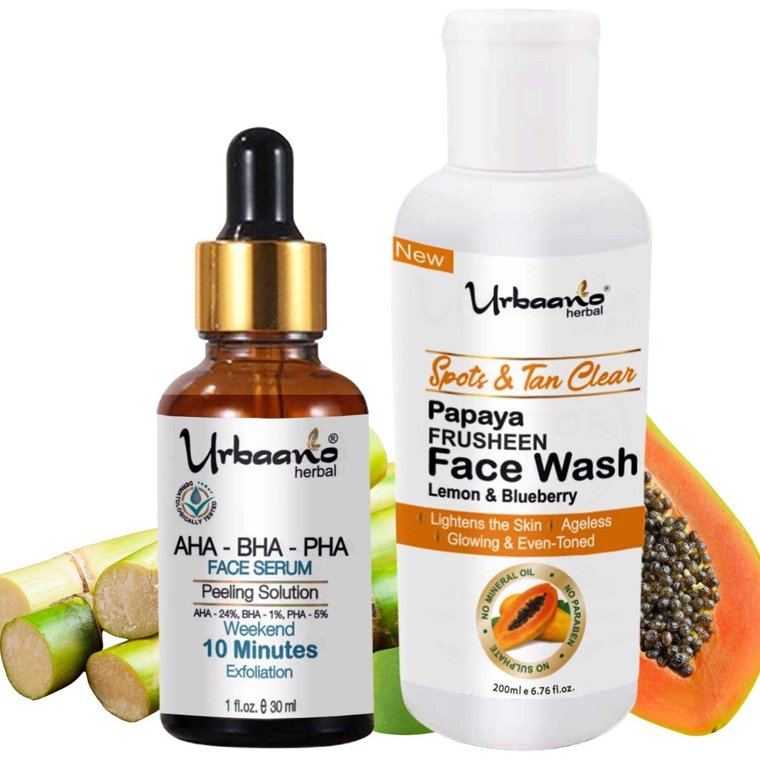 urbaano herbal frusheen papaya face wash & aha serum skincare combo for lightening, reduce dark spot, tan , fine lines, acne & blemishes