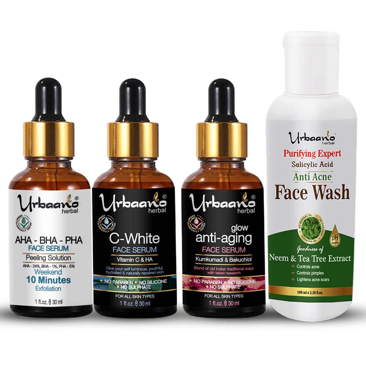urbaano herbal glow white serum kit - Aha serum, vitamin c serum, kumkumadi tailam, anti acne face wash