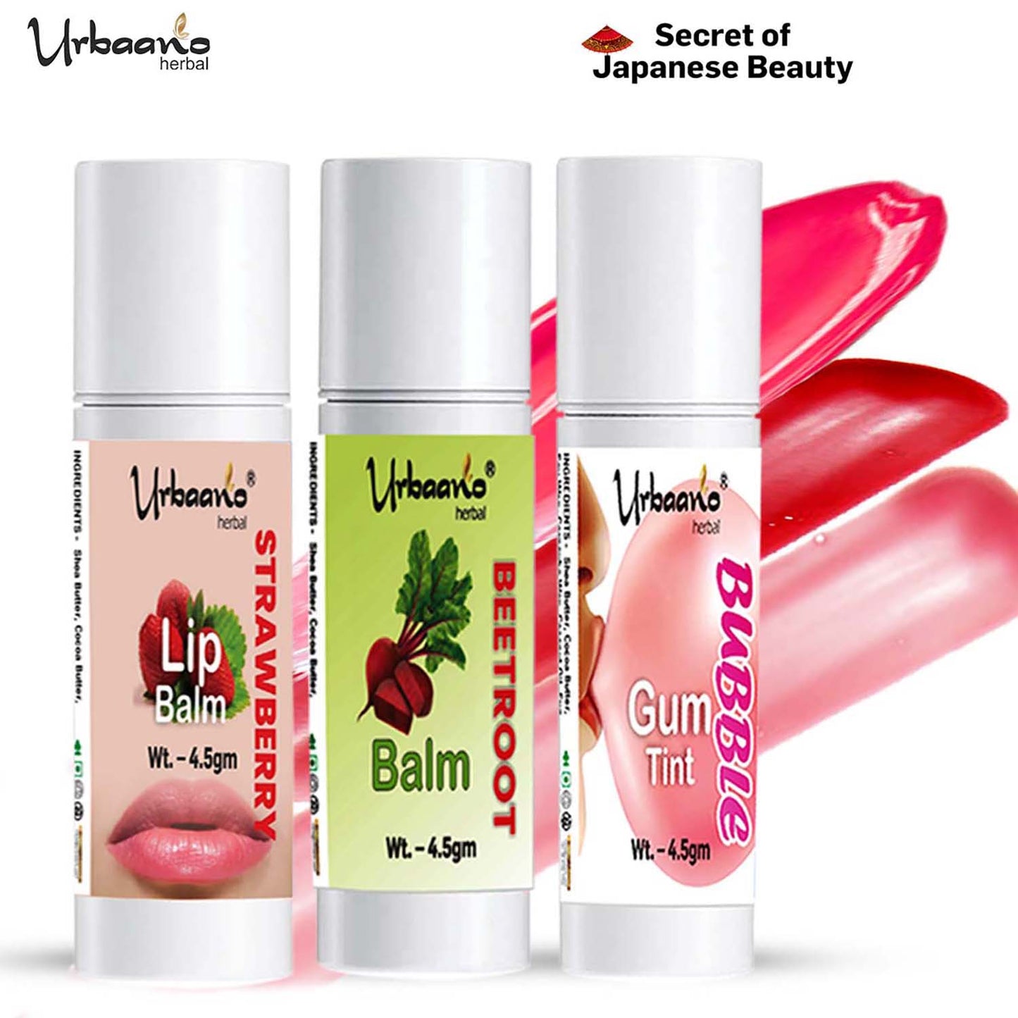 urbaano herbal tint lip balm strawberry, bubblegum, beetroot pure & natural with organic oils different shades of pink
