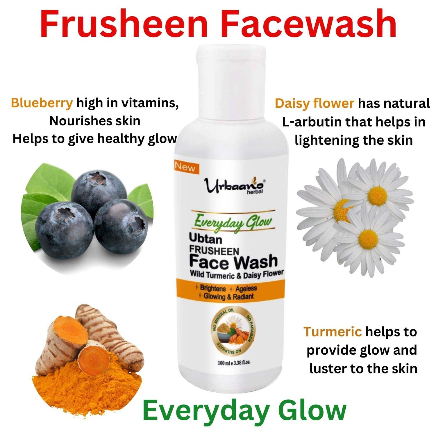 urbaano herbal frusheen face wash ubtan for skin lightening, dark spot, ageless, glowing skin with wild turmeric, blueberry & daisy flower