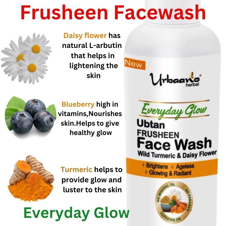 urbaano herbal frusheen face wash ubtan for skin lightening, dark spot, ageless, glowing skin with wild turmeric, blueberry & daisy flower