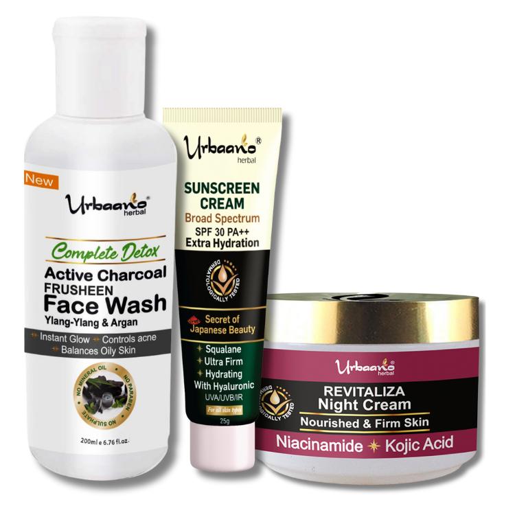 urbaano herbal japanese skincare beauty glowing nourishing facial kit, night cream, suncream, frusheen charcoal face wash