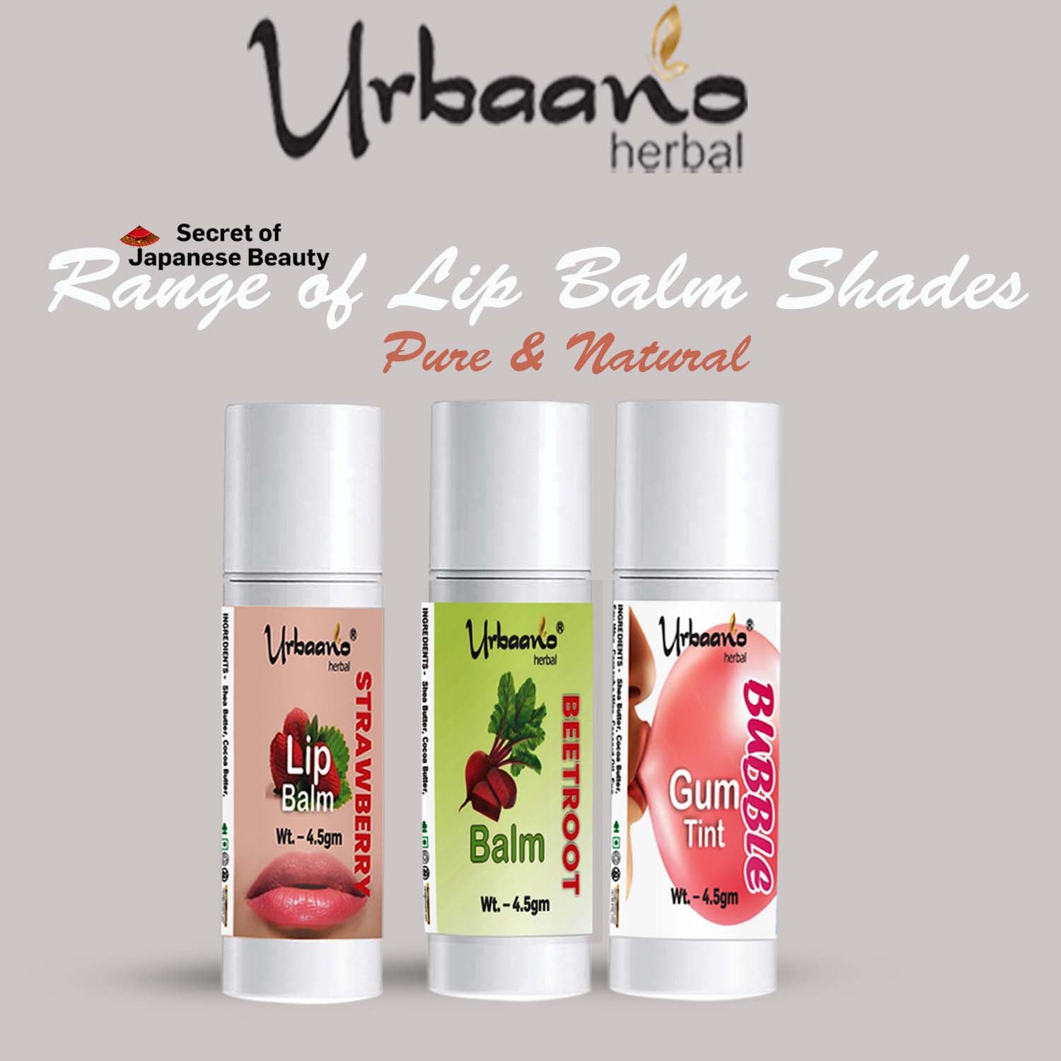 urbaano herbal tint lip balm strawberry, bubblegum, beetroot pure & natural with organic oils