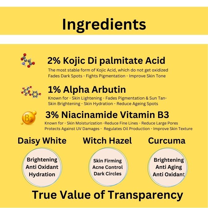 2% Kojic Acid White Glow Face Serum with Alpha Arbutin & Niacinamide for Reducing Dark Spots, Pigmentation, Blemishes, Tan