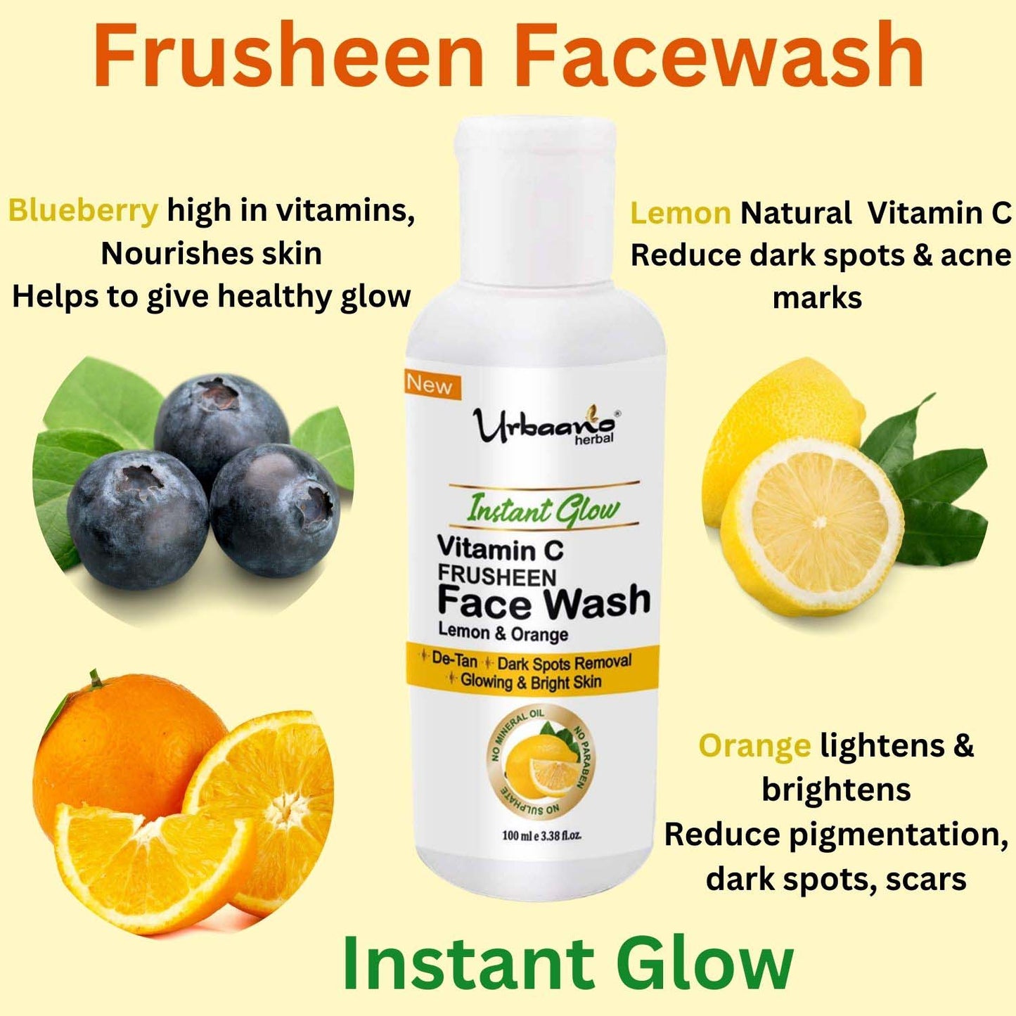 urbaano herbal frusheen face wash vitamin c for skin lightening, de tan, dark spot removal with orange, lemon