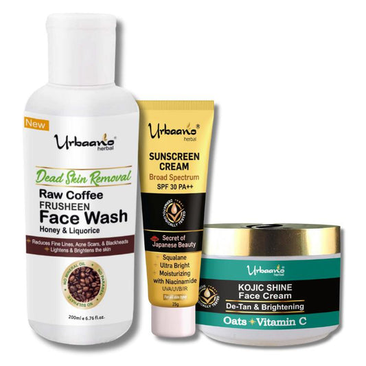 urbaano herbal frusheen facial kit coffee face wash, spf suncream, kojic de tan face cream reduces acne scars, fine lines
