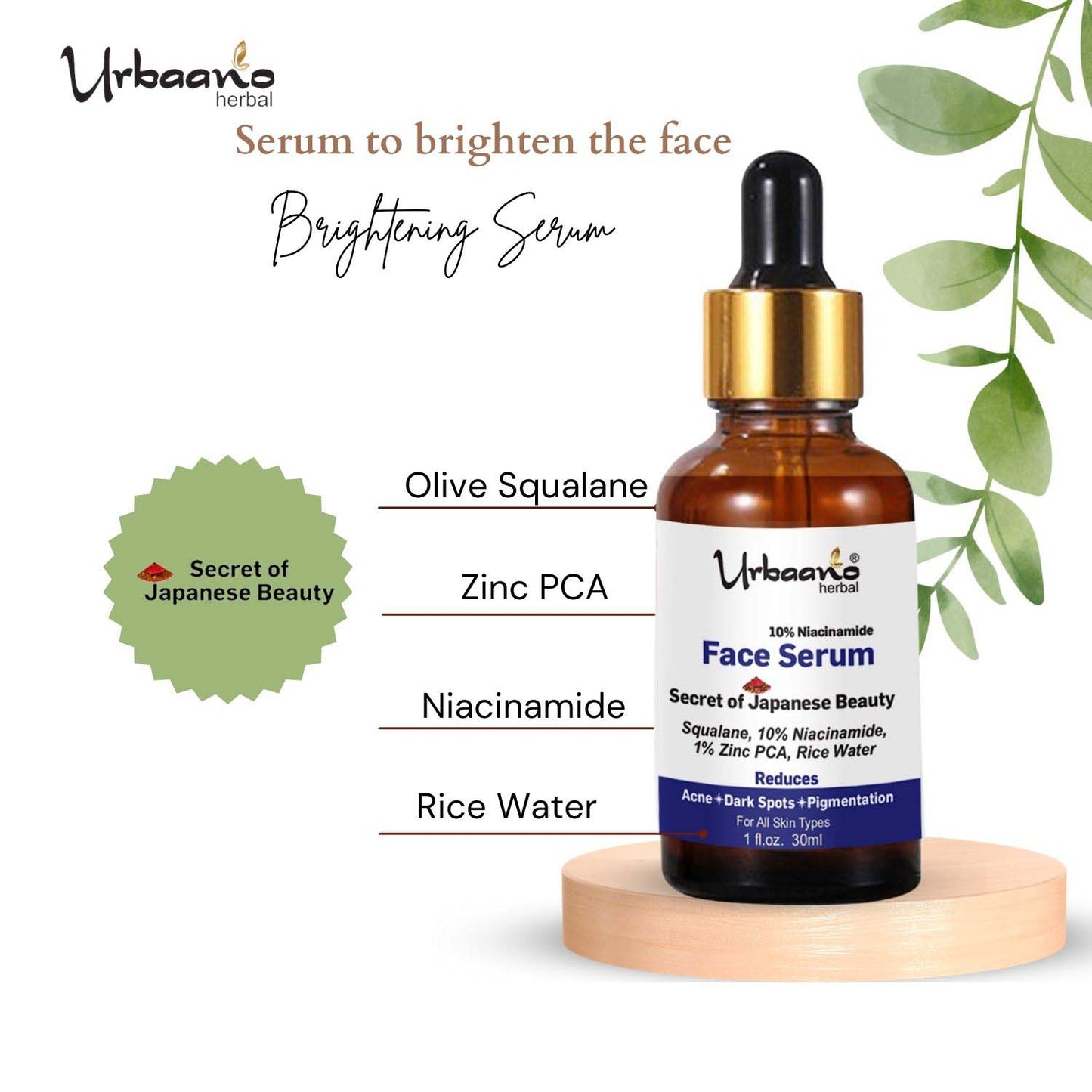 urbaano herbal niacinamide face serum with zinc,olive squalane, for skin brightening 