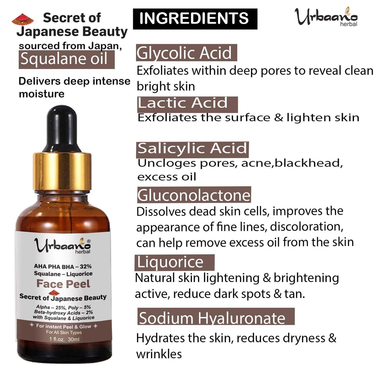 urbaano herbal aha face serum infused with glycolic, gluconolactone, hyaluronic, olive squalane oil for nourishment, bright  de-tanned skin