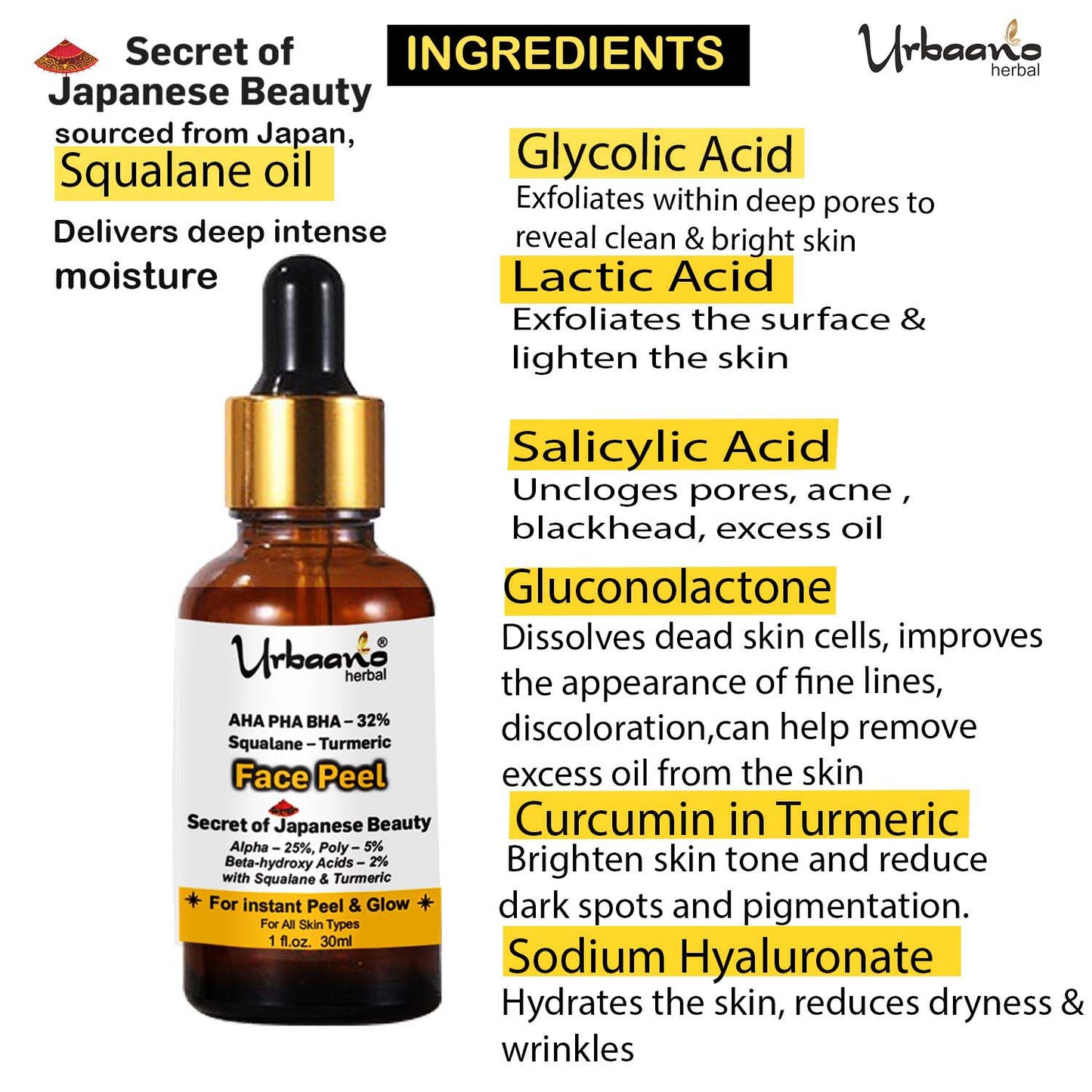 urbaano herbal aha turmeric face serum infused with glycolic, lactic acid, hyaluronic, olive squalane oil for nourishment, bright skin