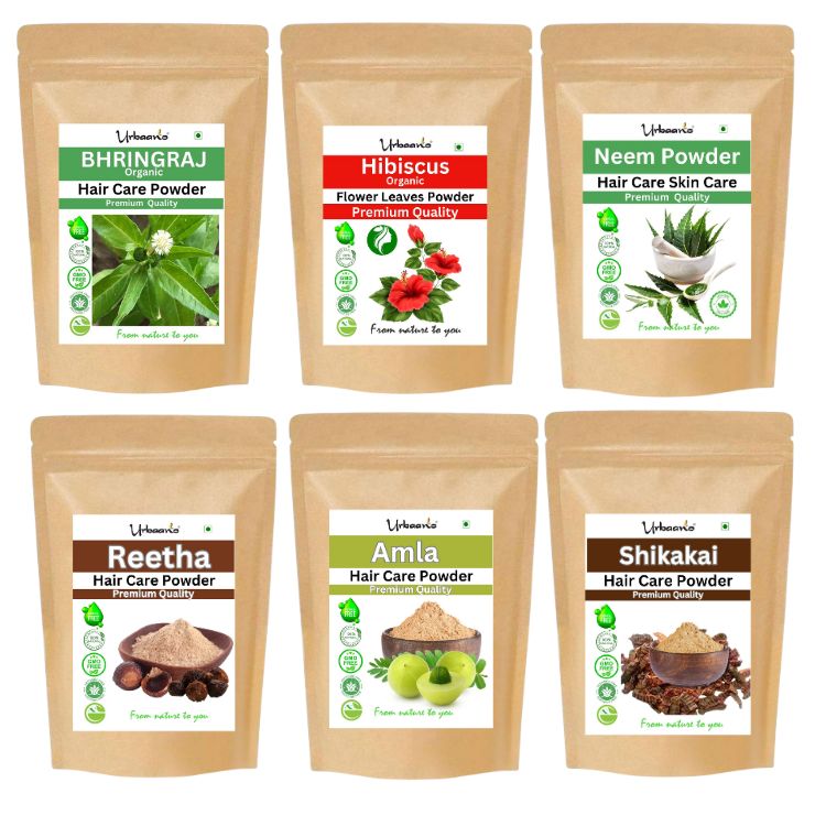 Natural Hair Growth Mask, Set 6 Herbal Powder - Amla, Reetha, Shikakai, Neem, Organic Bhringraj, Hibiscus
