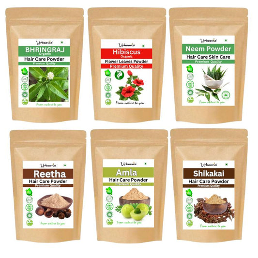 Natural Hair Growth Mask, Set 6 Herbal Powder - Amla, Reetha, Shikakai, Neem, Organic Bhringraj, Hibiscus