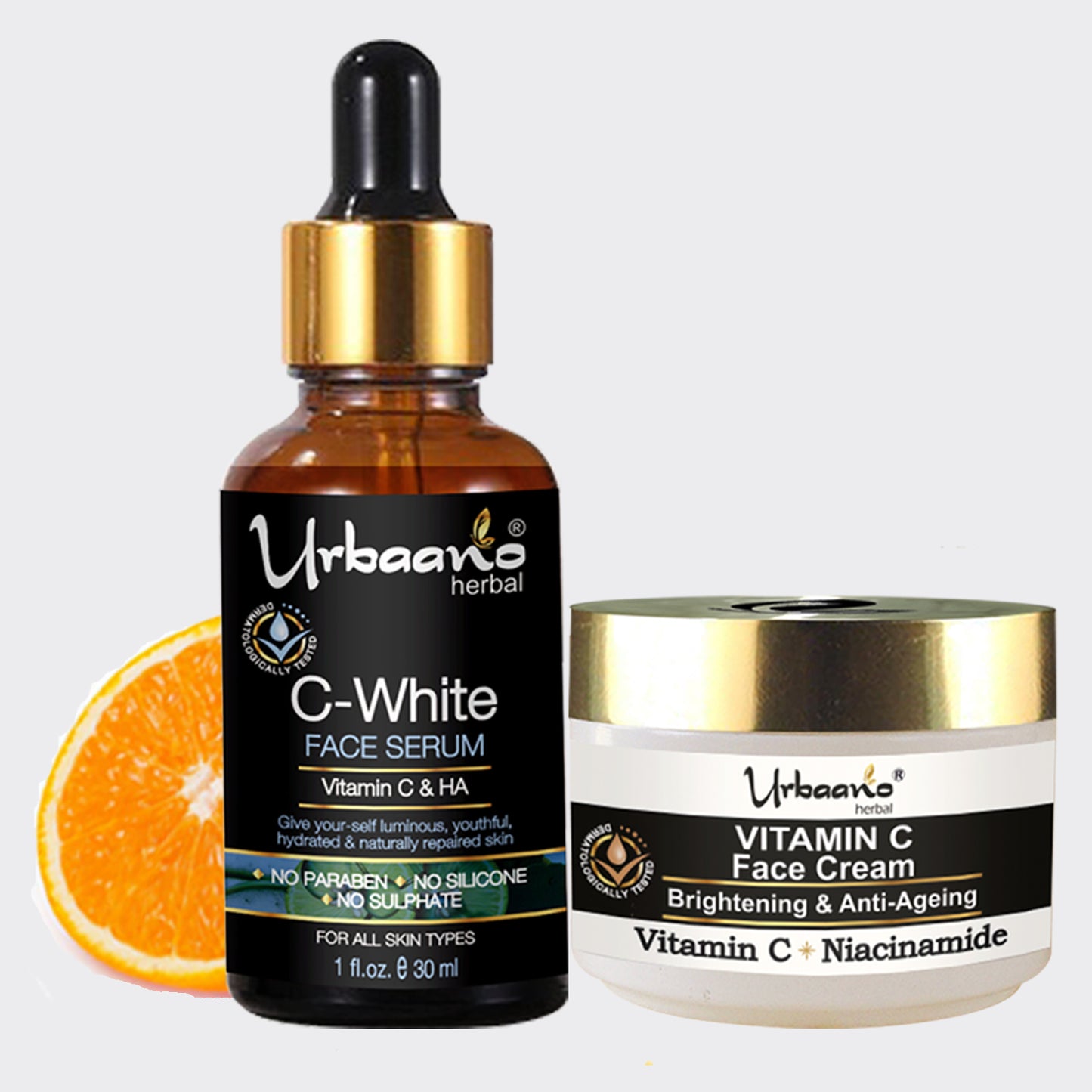 urbaano herbal vitamin c skin care kit, face serum, face cream with niacinamide, hyaluronic acid for brightening, and firming agleless skin
