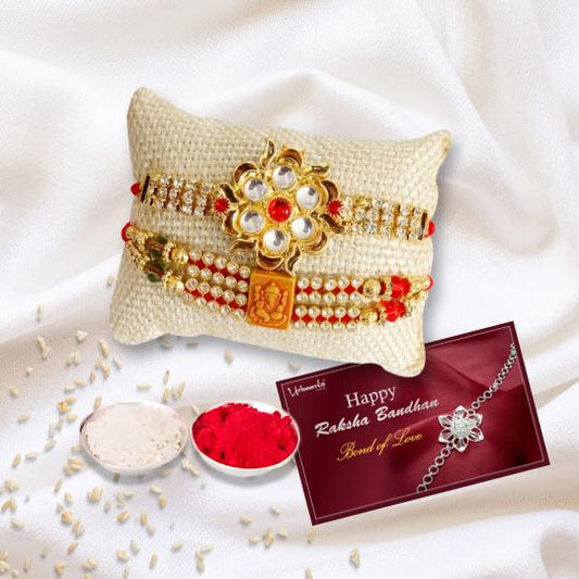 Stylish Kundan and AD Ring Rakhi Set for Brother, Sister, Bhaiya, Bhabhi (Set of 2)
