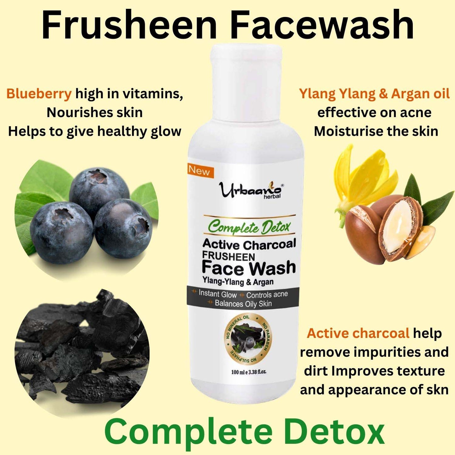 urbaano herbal frusheen face wash charcoal for detox with blueberry, yland ylang, argan ol for nourishment and facial cleansing