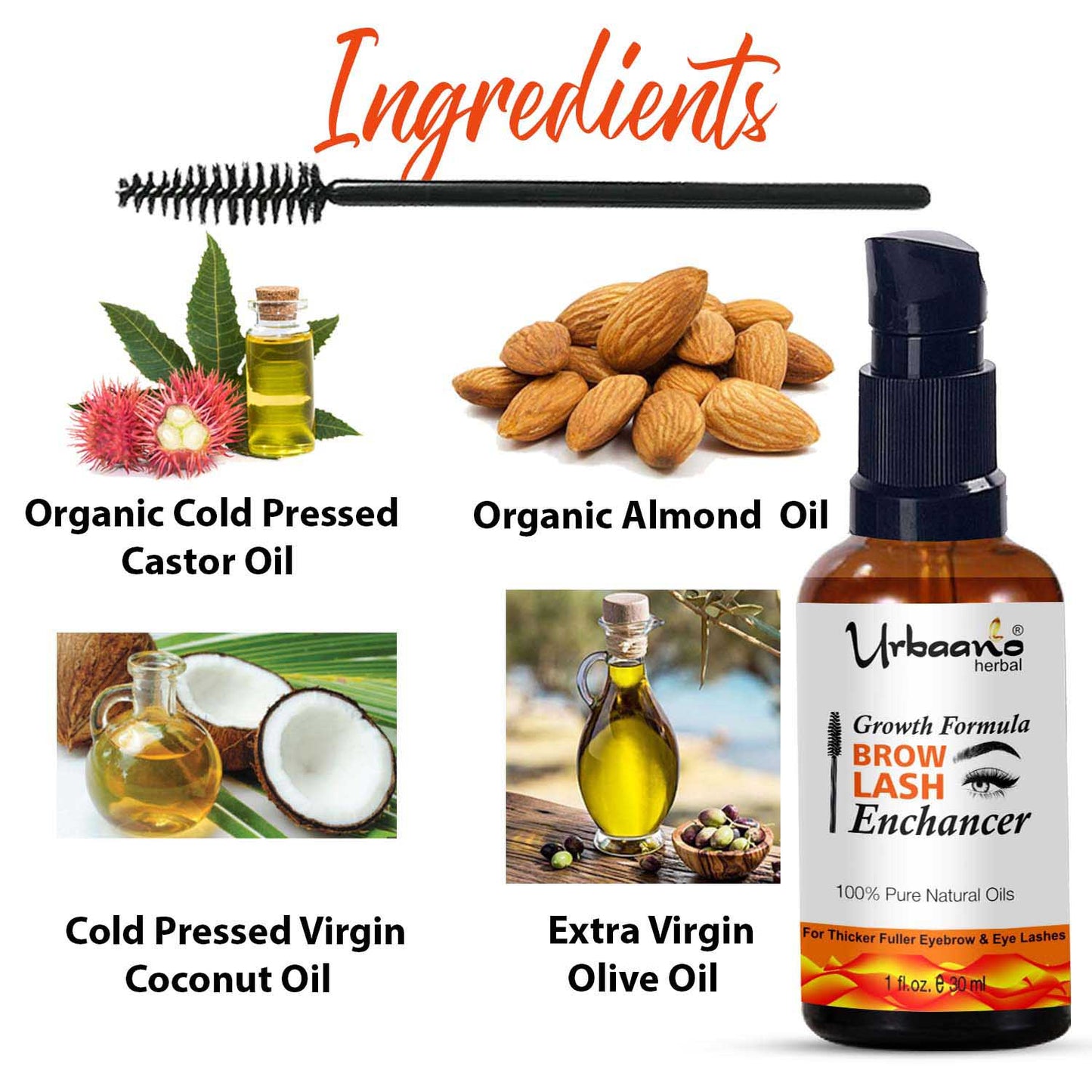 urbaano herbal eyebrow lash enhancer growth formula with organic almond, castor, coconut oil , virgin olve oil