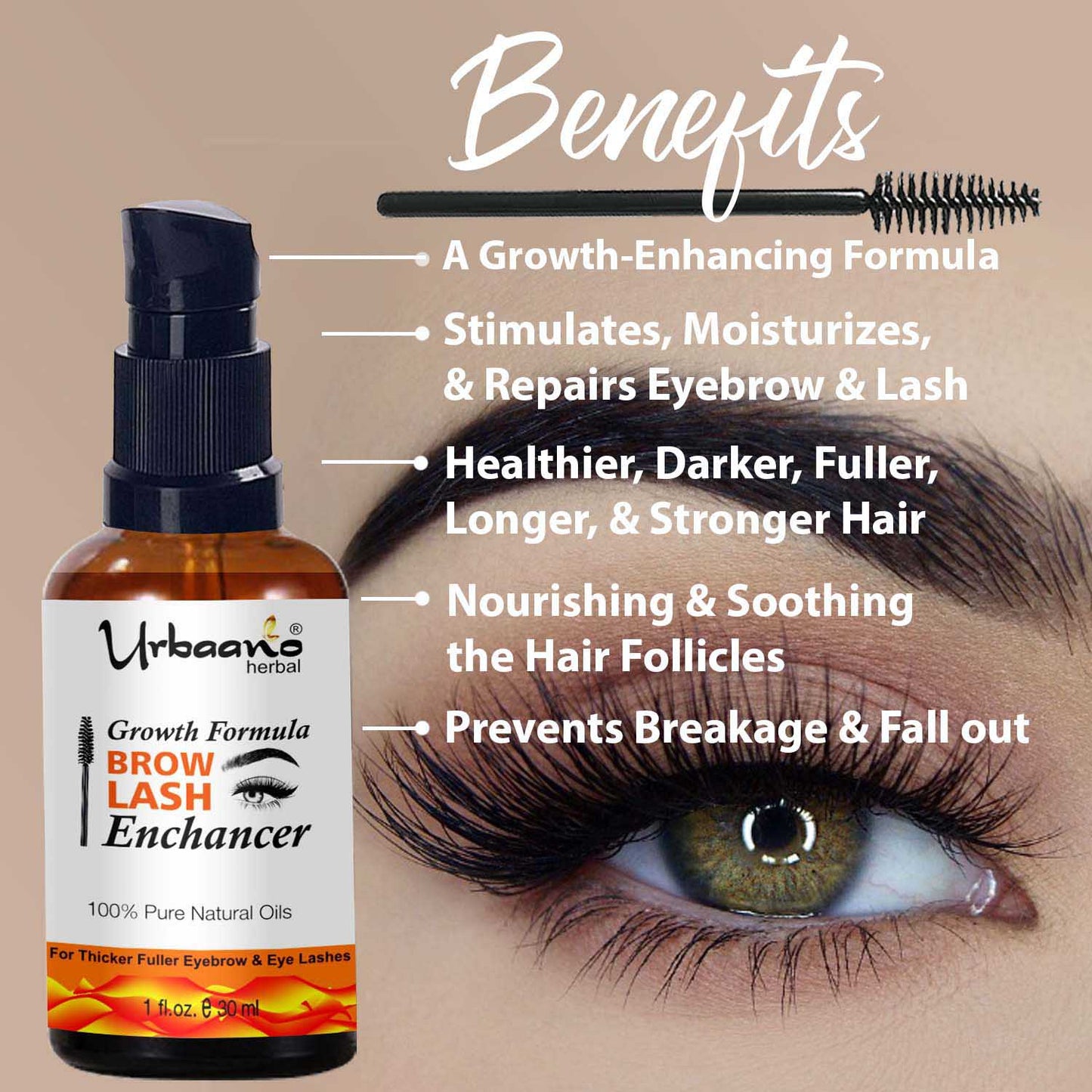 urbaano herbal eyebrow lash enhancer growth formula for long, dark, longer, thicker hair