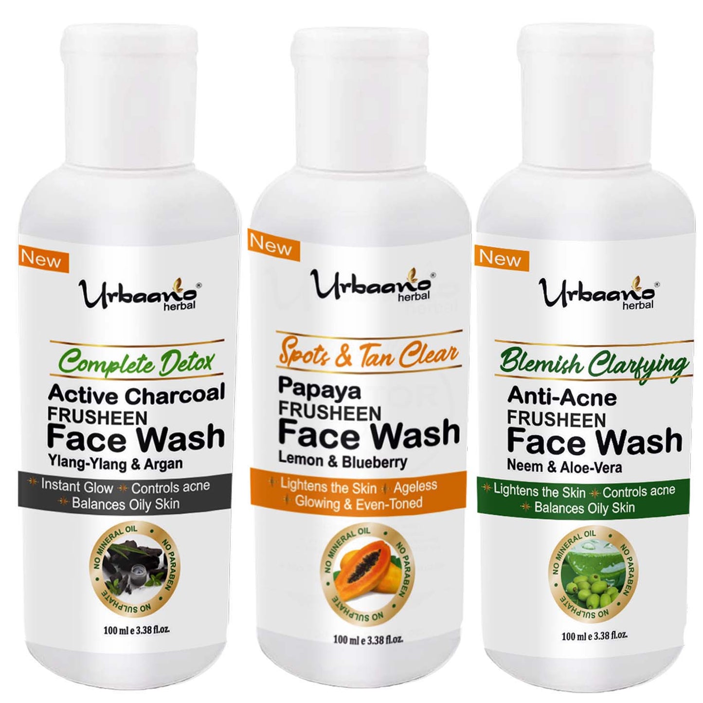 urbaano herbal frusheen face wash charcoal, anti acne, papaya for skin lightening, detox, spot & tan clear