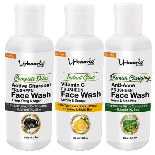 urbaano herbal frusheen face wash charcoal, anti acne, vitamin c for skin lightening, detox, instant glow