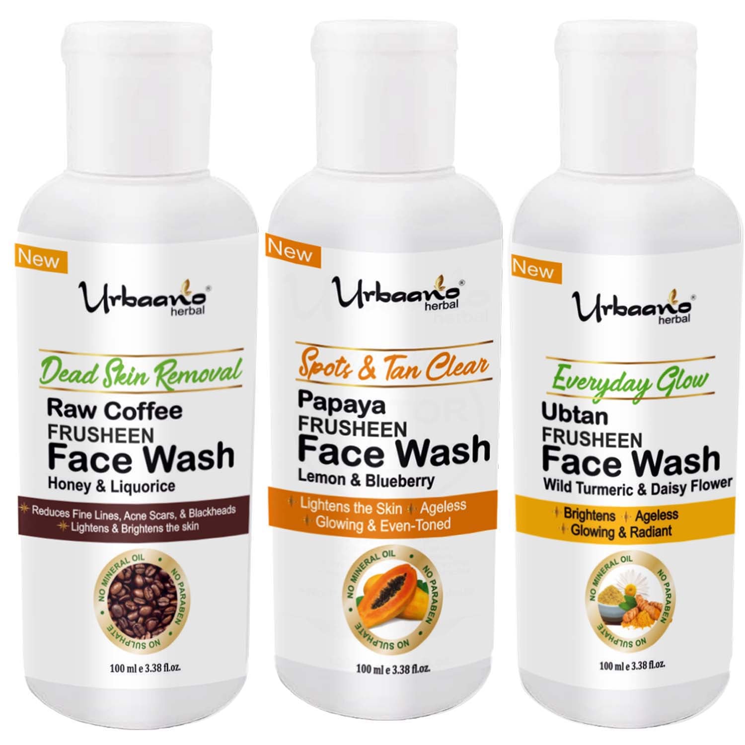 urbaano herbal frusheen face wash coffee, ubtan, papaya for skin lightening, detox, dark spot, ageless, glowing skin