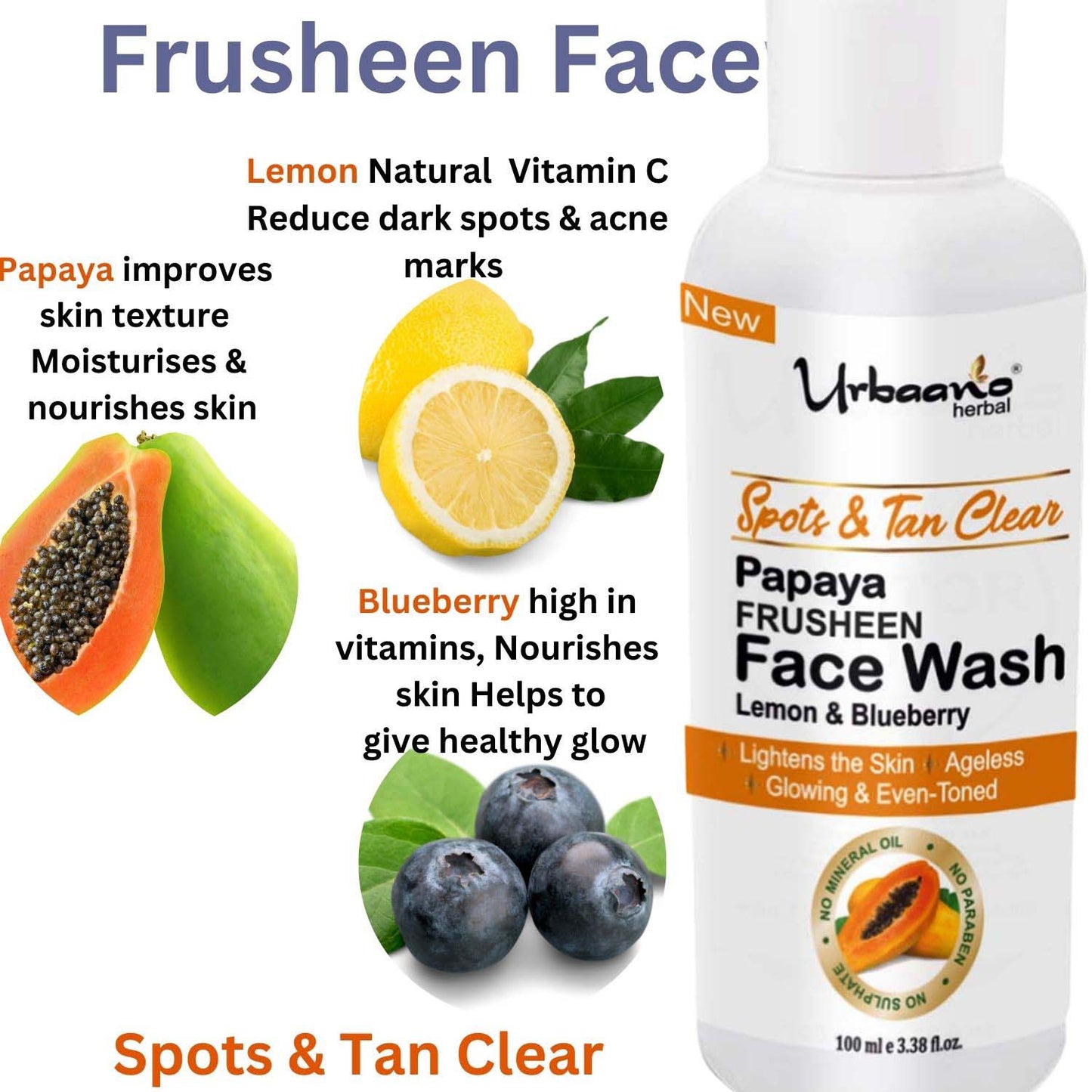 urbaano herbal spot & tan clear facewash with papaya, lemon, blueberry