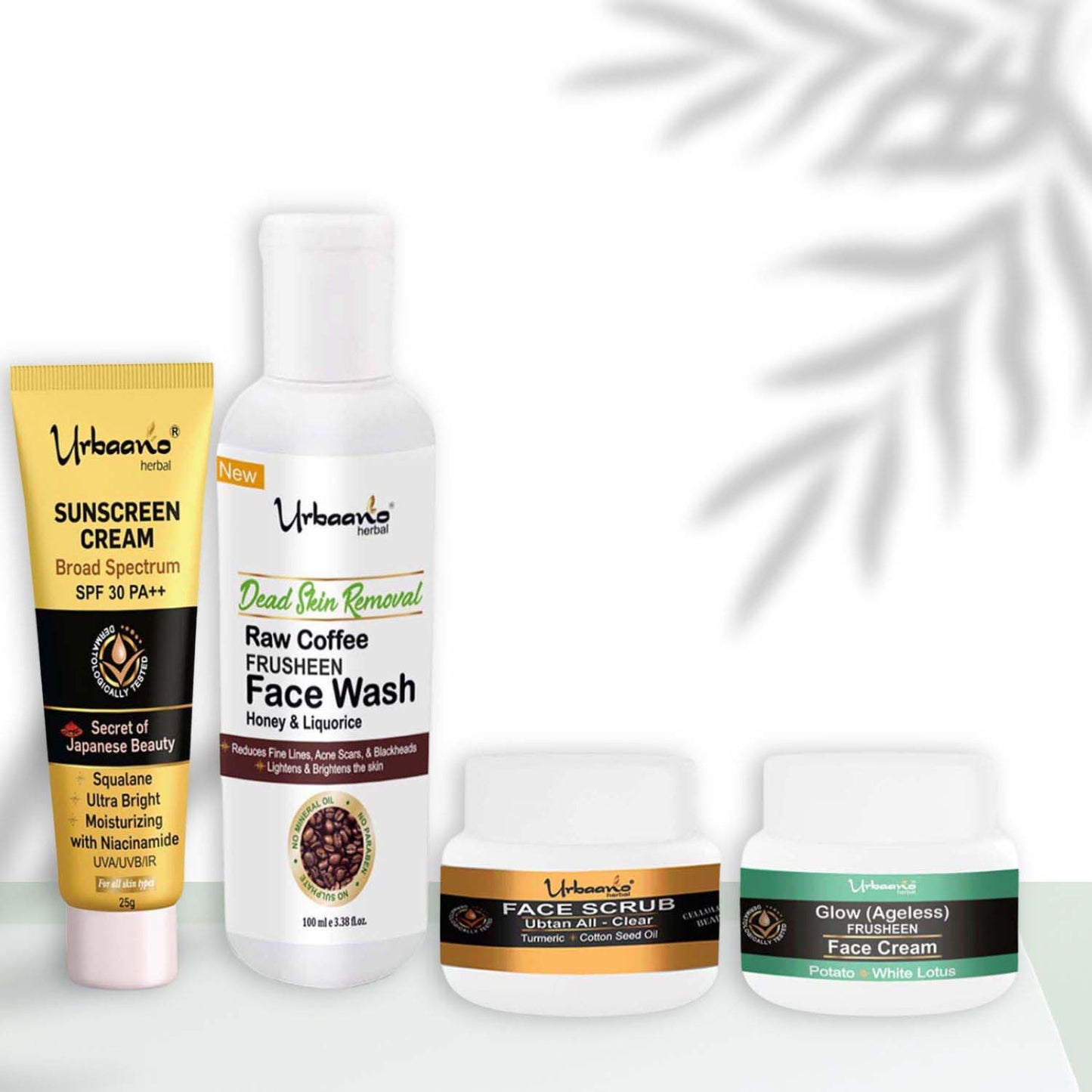 urbaano herbal frusheen glow ageless white lotus ageless facial kit-suncream, scrub, cream, face wash
