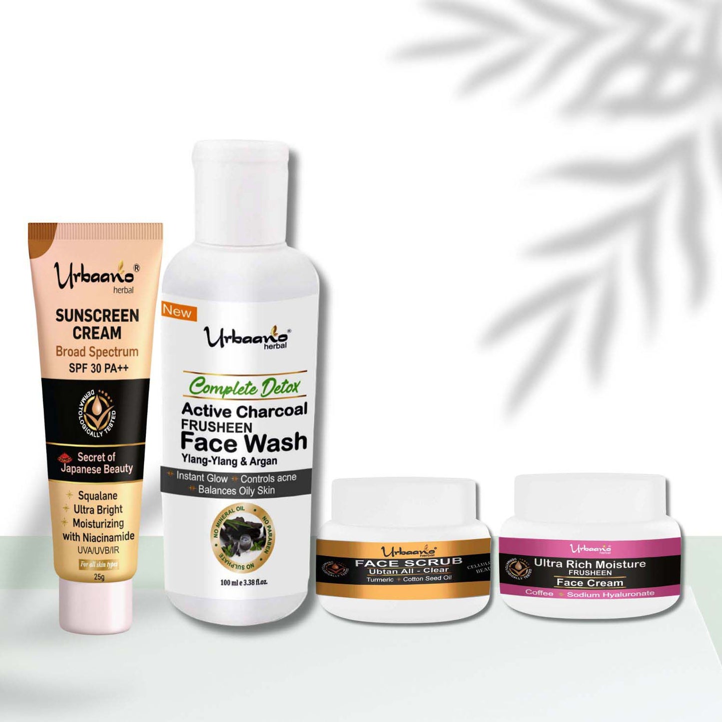 urbaano herbal frusheen ultra rich caffeine moisturizer facial kit-suncream, ubtan scrub, cream, charcoal face wash
