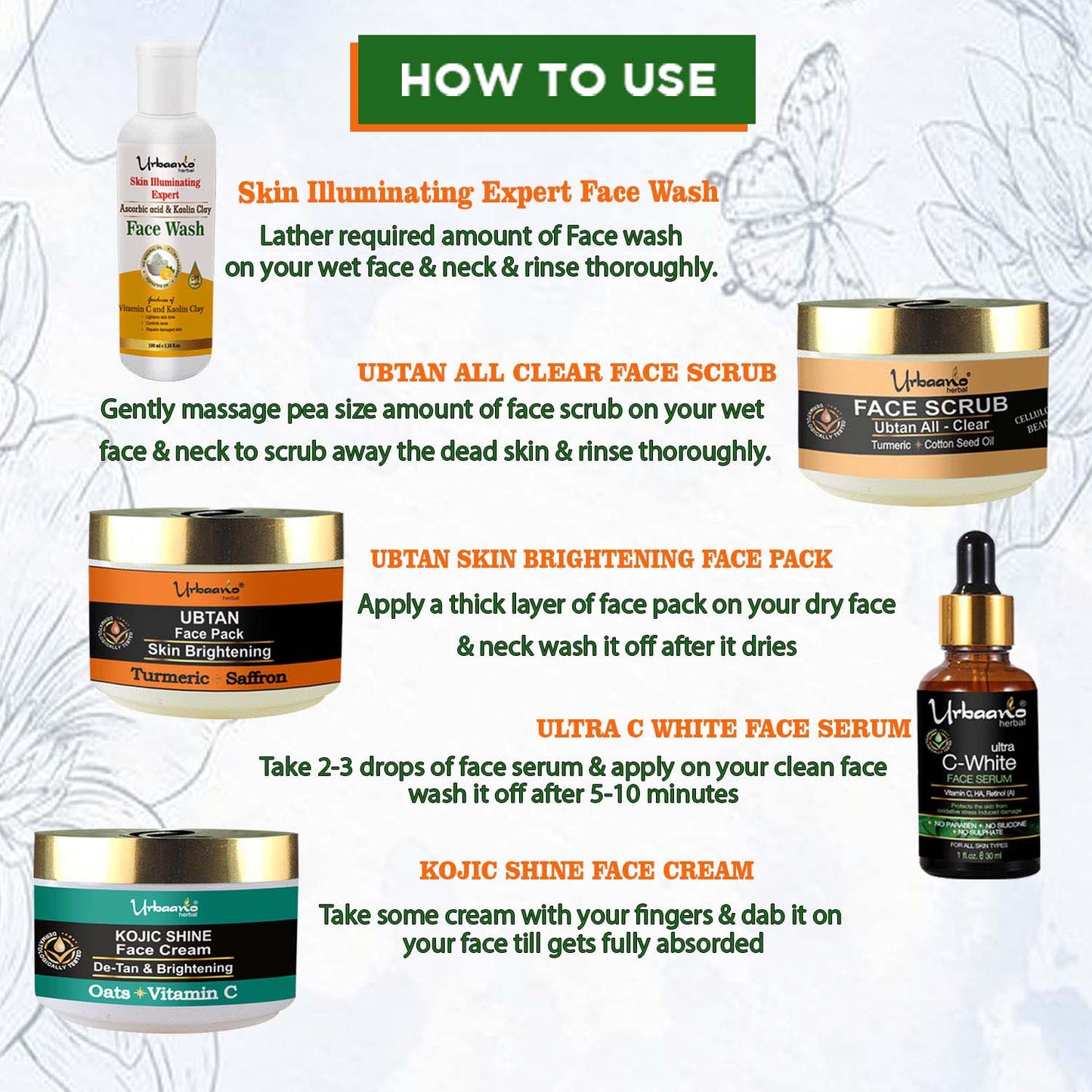 urbaano herbal vitamn c de tan facial kit  face wash, scrub, pack, cream, serum easy to use in 5 steps