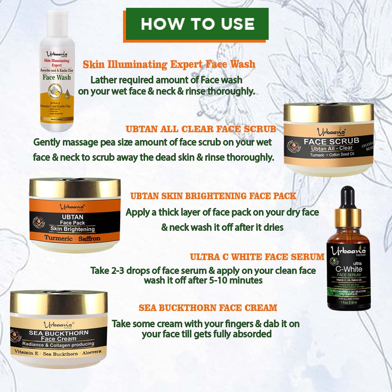 urbaano herbal vitamn c parlour glow facial kit  face wash, scrub, pack, cream, serum easy to use in 5 steps