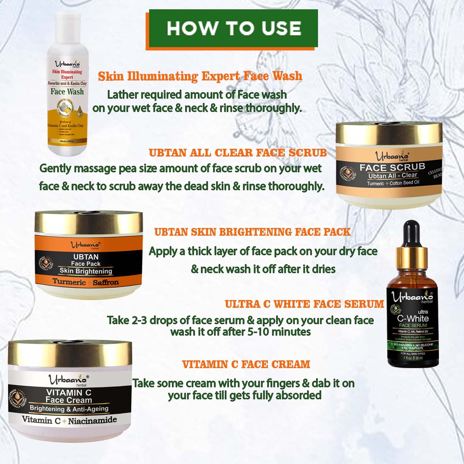 urbaano herbal vitamn c youthful glow facial kit face wash, scrub, pack, cream, serum easy to use in 5 steps